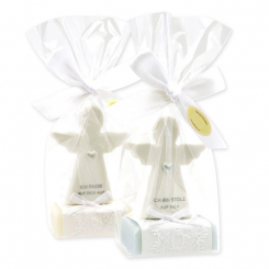 Sheep milk soap square 25g decorated with guardian angel with heart in a cellophane bag, Classic/Forget-me-not 