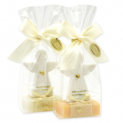 Schafmilchseife eckig 25g dekoriert mit Schutzengel mit Herz in Cello, Classic/Zirbe 