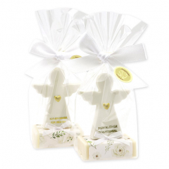 Schafmilchseife eckig 25g dekoriert mit Schutzengel mit Herz in Cello, Classic/Schneerose 