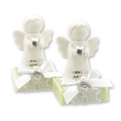 Schafmilchseife eckig 35g dekoriert mit Schutzengel mit Herz, Classic/Wiesenblume 