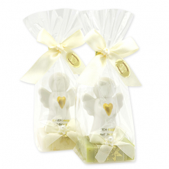 Schafmilchseife eckig 35g dekoriert mit Schutzengel mit Herz in Cello, Classic/Eisenkraut 
