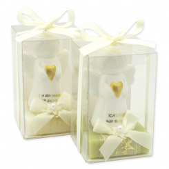 Schafmilchseife eckig 35g dekoriert mit Schutzengel mit Herz in Cellobox, Classic/Eisenkraut 