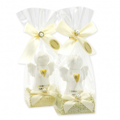 Schafmilchseife eckig 35g dekoriert mit Schutzengel mit Herz in Cello, Classic/Eisenkraut 