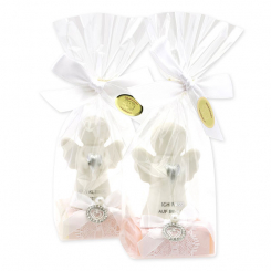 Schafmilchseife eckig 35g dekoriert mit Schutzengel mit Herz in Cello, Classic/Jasmin 
