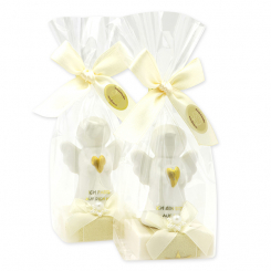 Schafmilchseife eckig 35g dekoriert mit Schutzengel mit Herz in Cello, Classic/Schneerose 
