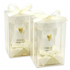 Schafmilchseife eckig 35g dekoriert mit Schutzengel mit Herz in Cellobox, Classic/Schneerose 