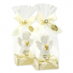 Schafmilchseife eckig 35g dekoriert mit Schutzengel mit Herz in Cello, Classic/Schneerose 