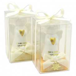 Schafmilchseife eckig 35g dekoriert mit Schutzengel mit Herz in Cellobox, Classic/Zirbe 