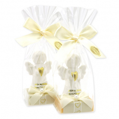 Schafmilchseife eckig 35g dekoriert mit Schutzengel mit Herz in Cello, Classic/Zirbe 