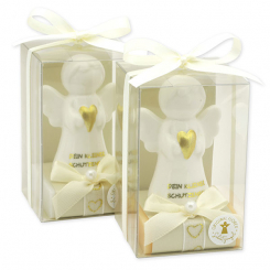 Schafmilchseife eckig 35g dekoriert mit Schutzengel mit Herz in Cellobox, Classic/Zirbe 