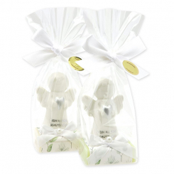 Schafmilchseife eckig 35g dekoriert mit Schutzengel mit Herz in Cello, Classic/Wiesenblume 