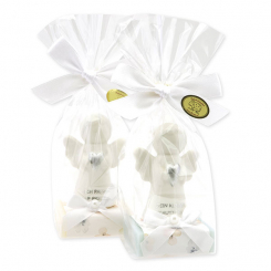 Sheep milk soap square 35g decorated with guardian angel with heart in a cellophane bag, Classic/Forget-me-not 