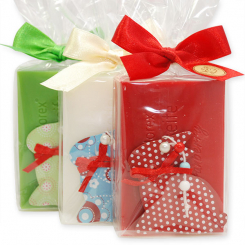 Schafmilchseife eckig 150g dekoriert mit Holzhase in Cello, sortiert 