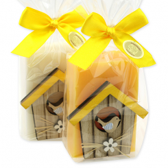 Schafmilchseife eckig 150g dekoriert mit Haus in Cello, Classic/Honig 