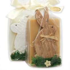 Schafmilchseife eckig 150g dekoriert mit Hase in Cello, Classic/Quitte 