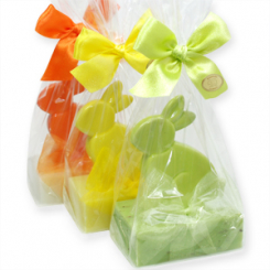 Schafmilchseife eckig 150g dekoriert mit Hase in Cello, sortiert 