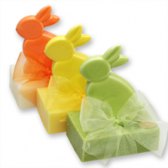 Schafmilchseife eckig 150g dekoriert mit Hase, sortiert 