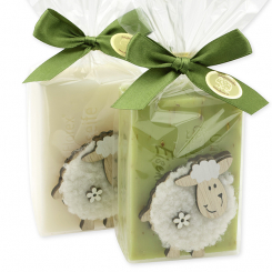 Schafmilchseife eckig 150g dekoriert mit Schaf in Cello, Classic/Eisenkraut 