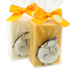 Schafmilchseife eckig 150g dekoriert mit Schaf in Cello, Classic/Ringelblume 