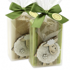 Schafmilchseife eckig 150g dekoriert mit Schaf in Cello, Classic/Eisenkraut 