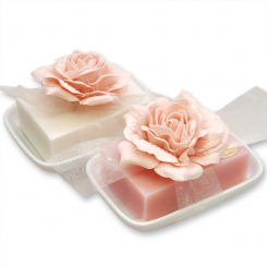 Schafmilchseife eckig 150g auf Seifenschale, dekoriert mit Rose, Schneerose/Magnolie 