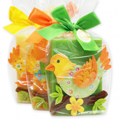 Schafmilchseife eckig 150g dekoriert mit Vogel in Cello, sortiert 