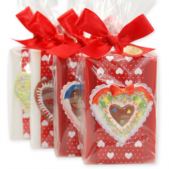 Schafmilchseife eckig 150g dekoriert mit Herz in Cello, Classic/Granatapfel 