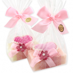 Sheep milk soap 150g decorated with a heart in a cellophane, Classic/peony 