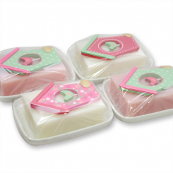 Sheep milk soap 150g on a soap dish, decorated with a bird house in a cellophane, Classic/magnolia 