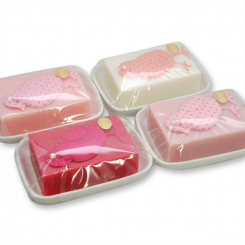 Sheep milk soap 150g on a soap dish, decorated with a bird in a cellophane, sorted 
