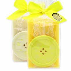 Schafmilchseife eckig 150g dekoriert mit Knopf in Cello, Classic/Grapefruit 