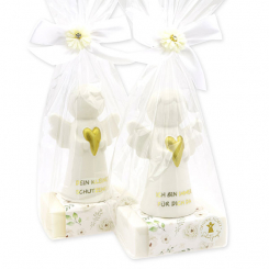 Schafmilchseife eckig 150g dekoriert mit Schutzengel mit Herz in Cello, Classic/Schneerose 