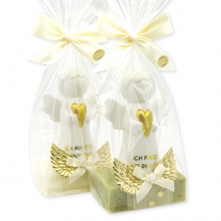 Schafmilchseife eckig 150g dekoriert mit Schutzengel mit Herz in Cello, Classic/Eisenkraut 