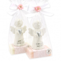 Schafmilchseife eckig 150g dekoriert mit Schutzengel mit Herz in Cello, Classic/Jasmin 