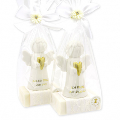 Schafmilchseife eckig 150g dekoriert mit Schutzengel mit Herz in Cello, Classic/Schneerose 