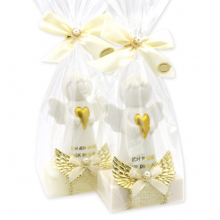 Schafmilchseife eckig 150g dekoriert mit Schutzengel mit Herz in Cello, Classic/Schneerose 