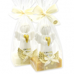 Schafmilchseife eckig 150g dekoriert mit Schutzengel mit Herz in Cello, Classic/Zirbe 