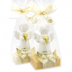 Schafmilchseife eckig 150g dekoriert mit Schutzengel mit Herz in Cello, Classic/Zirbe 