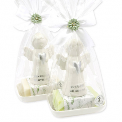 Schafmilchseife eckig 150g auf Seifenschale dekoriert mit Schutzengel mit Herz in Cello, Classic/Wiesenblume 