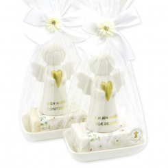 Schafmilchseife eckig 150g auf Seifenschale dekoriert mit Schutzengel mit Herz in Cello, Classic/Schneerose 