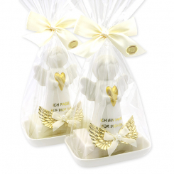 Schafmilchseife eckig 150g auf Seifenschale dekoriert mit Schutzengel mit Herz in Cello, Classic/Schneerose 