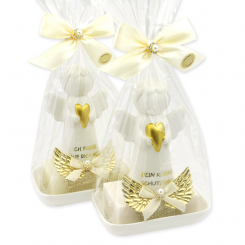 Schafmilchseife eckig 150g auf Seifenschale dekoriert mit Schutzengel mit Herz in Cello, Classic/Schneerose 