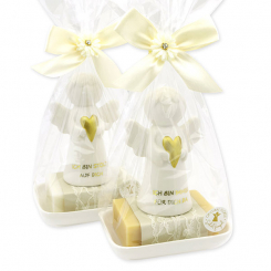 Sheep milk soap square 150g on a soap dish decorated with guardian angel with heart in a cellophane bag, Classic/Swiss pine 