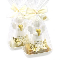 Schafmilchseife eckig 150g auf Seifenschale dekoriert mit Schutzengel mit Herz in Cello, Classic/Zirbe 
