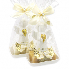Schafmilchseife eckig 150g auf Seifenschale dekoriert mit Schutzengel mit Herz in Cello, Classic/Zirbe 