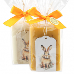 Schafmilchseife eckig 150g dekoriert mit Hase in Cello, Classic/Ringelblume 