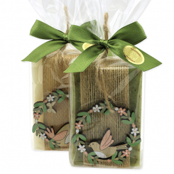 Sheep milk soap 150g decorated with a bird in a cellophane, Classic/garden soap 