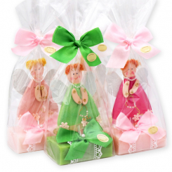 Schafmilchseife eckig 150g dekoriert mit Holzengel in Cello, sortiert 