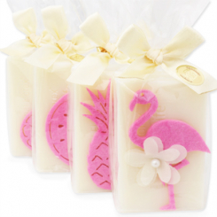 Schafmilchseife eckig 150g dekoriert mit Flamingo und Früchte in Cello, Classic 