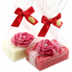 Schafmilchseife eckig 150g dekoriert mit Häkelblume in Cello, Classic/Lotus 